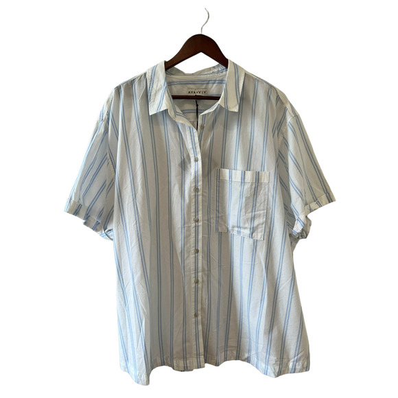 Ava & Viv baby blue striped Short Sleeve Button Down Top 1X Plus Size - Picture 1 of 7